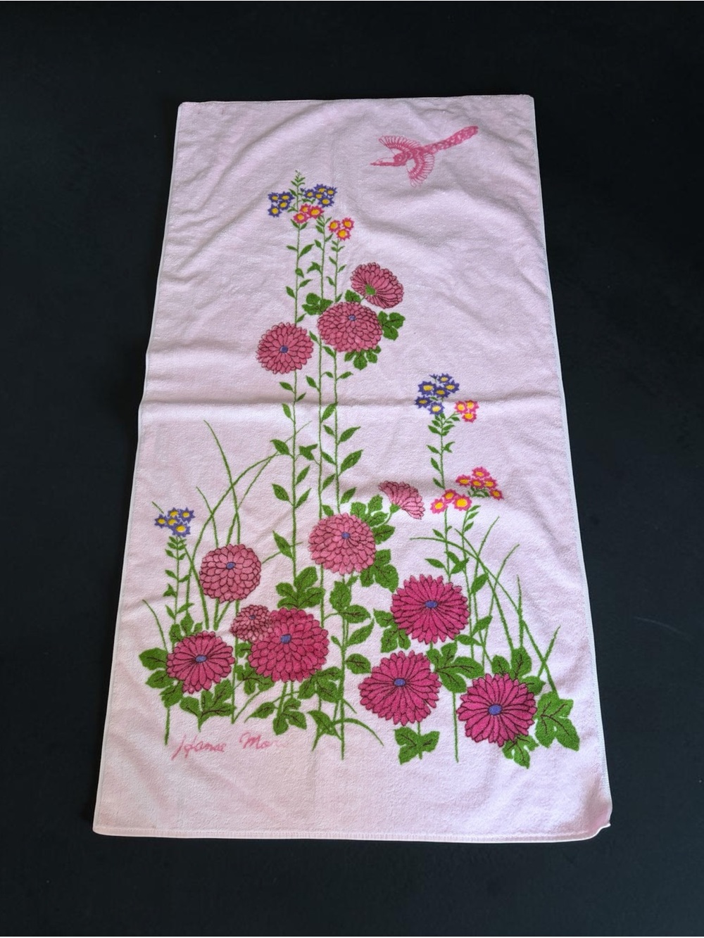 Vintage Pink Floral Embroidered Cotton Bath Towel by (unbranded)